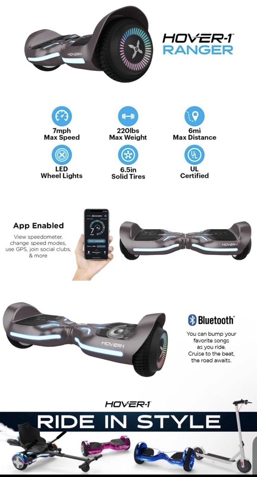 🔥🔥 Hover-1 Ranger Hoverboard Electric Self-Balancing Scooter 6.5″ Tires 7 MPH