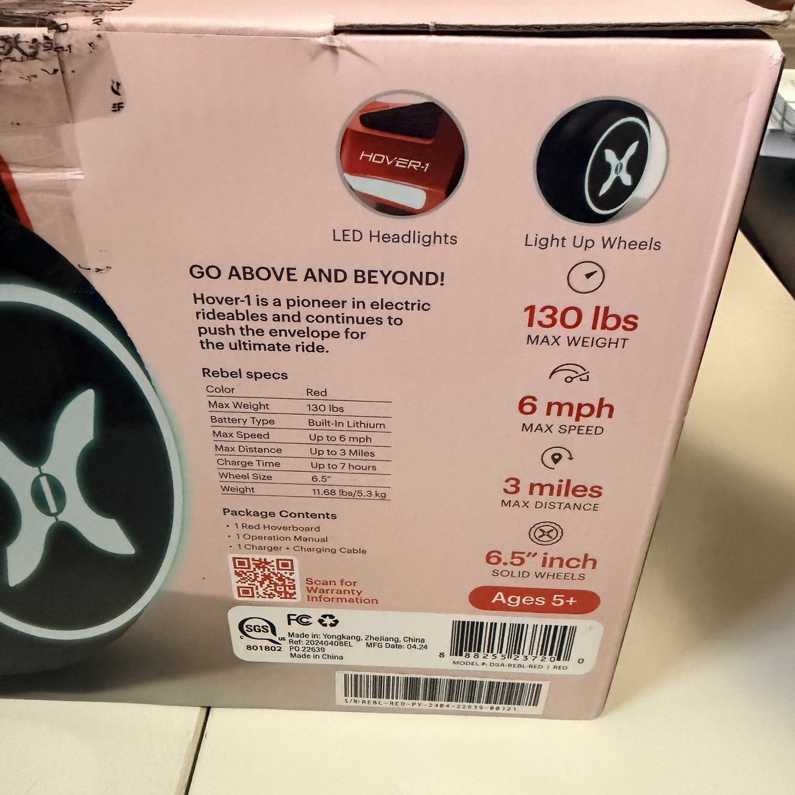 Hover-1 Rebel Kids Hoverboard with LED Headlight, 6 MPH Max Speed – Red