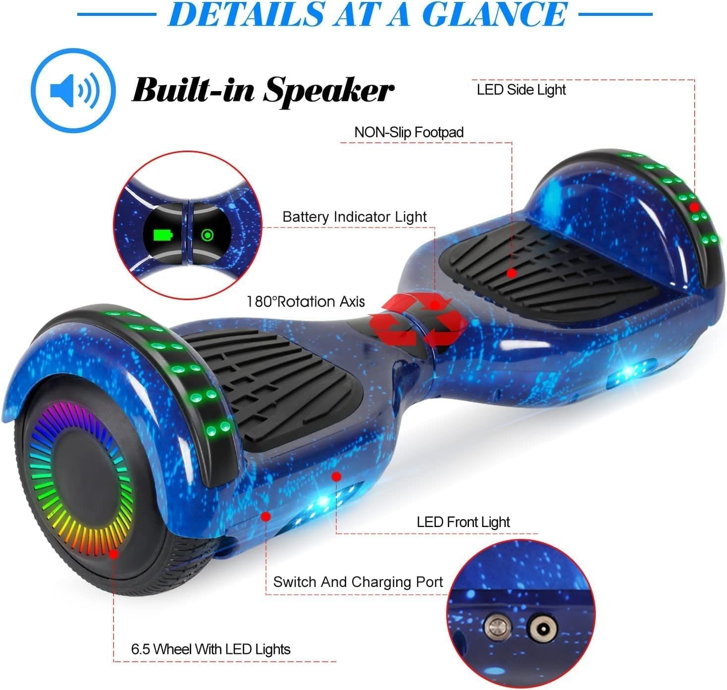 Self Balance Scooter 6.5″ with Speaker and LED Lights Blue