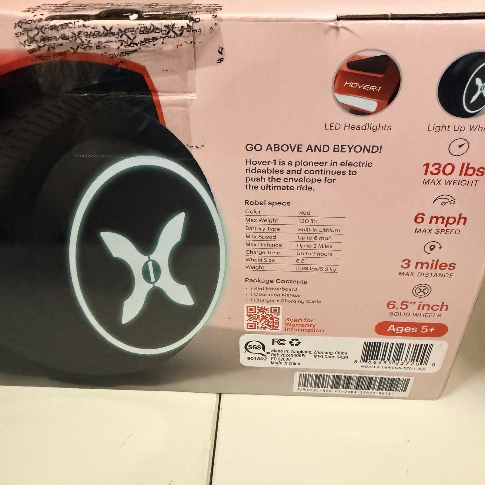 Hover-1 Rebel Kids Hoverboard with LED Headlight, 6 MPH Max Speed – Red