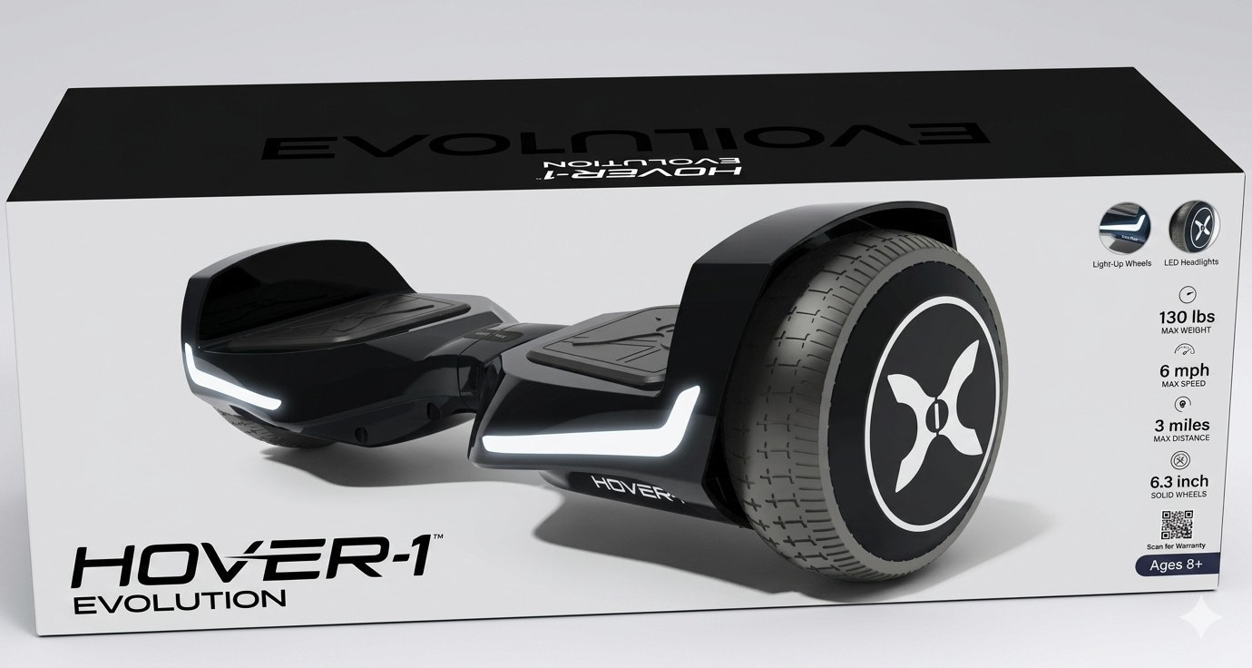 Hover-1 Evolution Hoverboard Bluetooth LED Headlights 6 mph 3 mi 130 lb Black