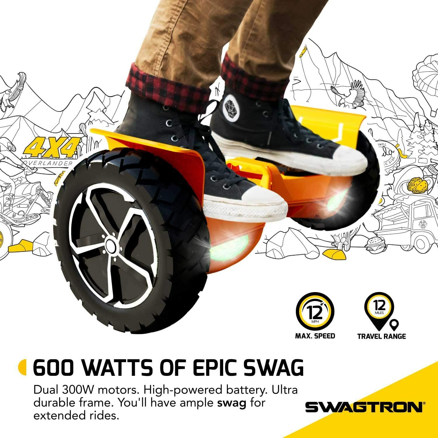 Swagtron T6 Off Road 10″ Hoverboard Bluetooth 12 Mph 600W 420 lb Weight Limit UL