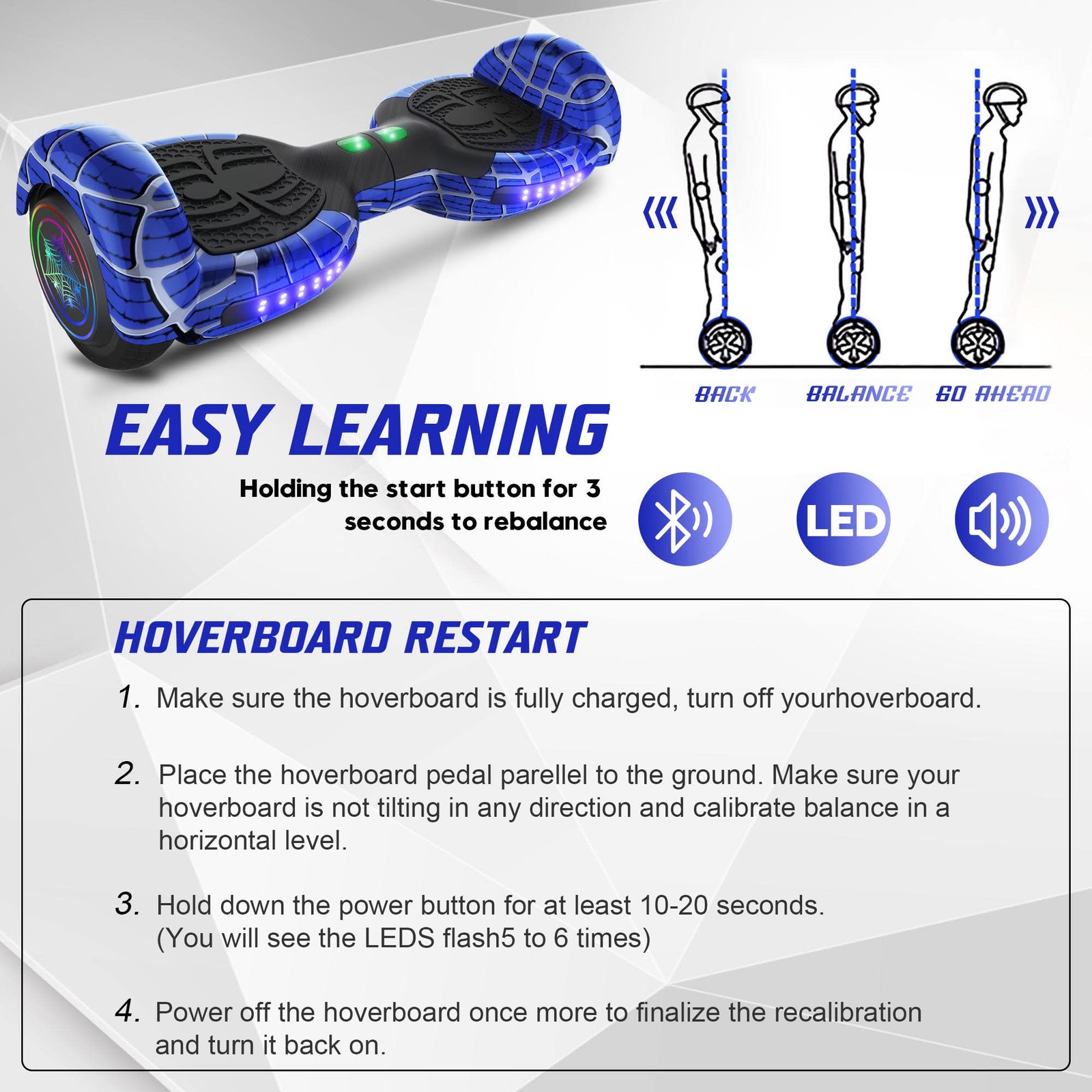 Emaxusa Spider-Pattern Hover Board For Kids Ages 6-12 Bluetooth Speaker And Led