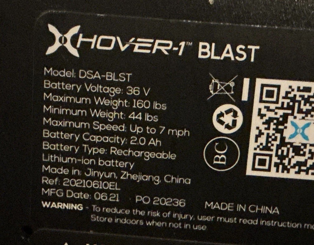 Hover 1 Blast Hoverboard DSA-BLST Worked Before Losing Charger – UL 2272