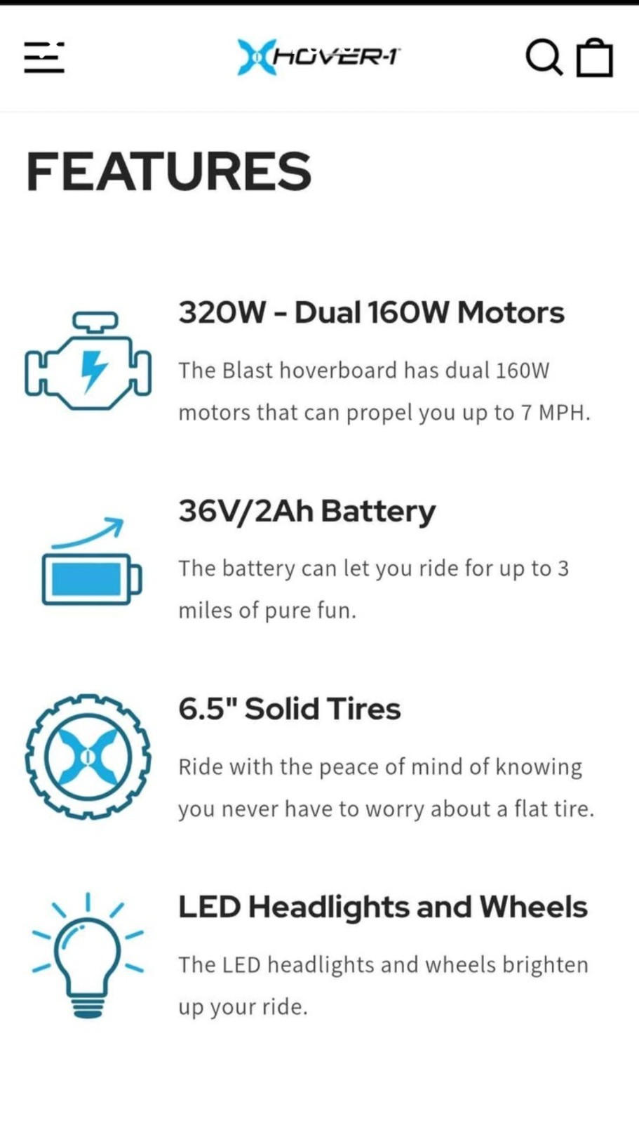 Hover-1 Self Balancing Scooter 7 MPH Blue LED Headlights & Wheels 320W UL2272