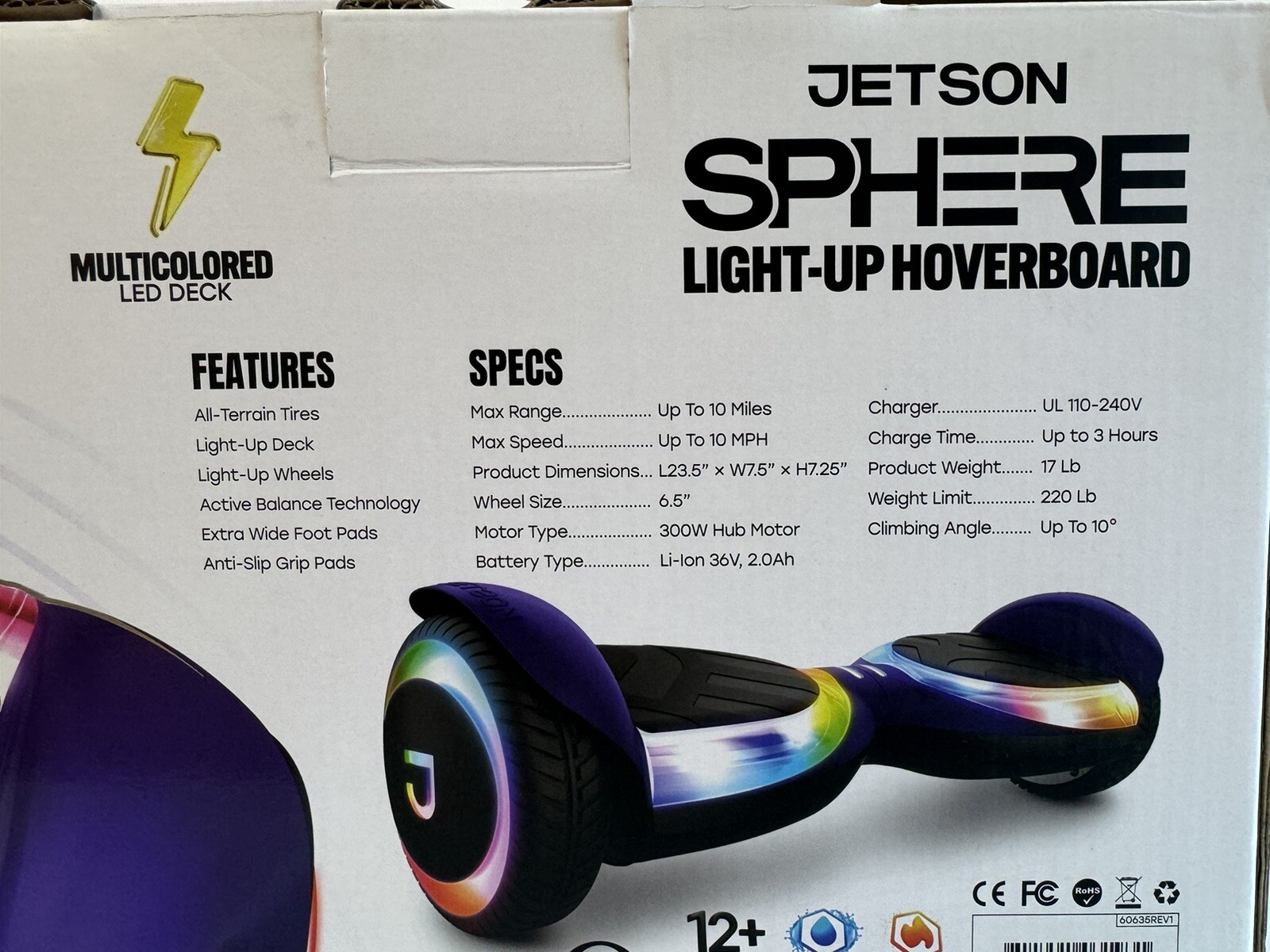 Jetson Sphere Light-Up Hoverboard Model JSPHER-TEL Purple All Terrain Wheels