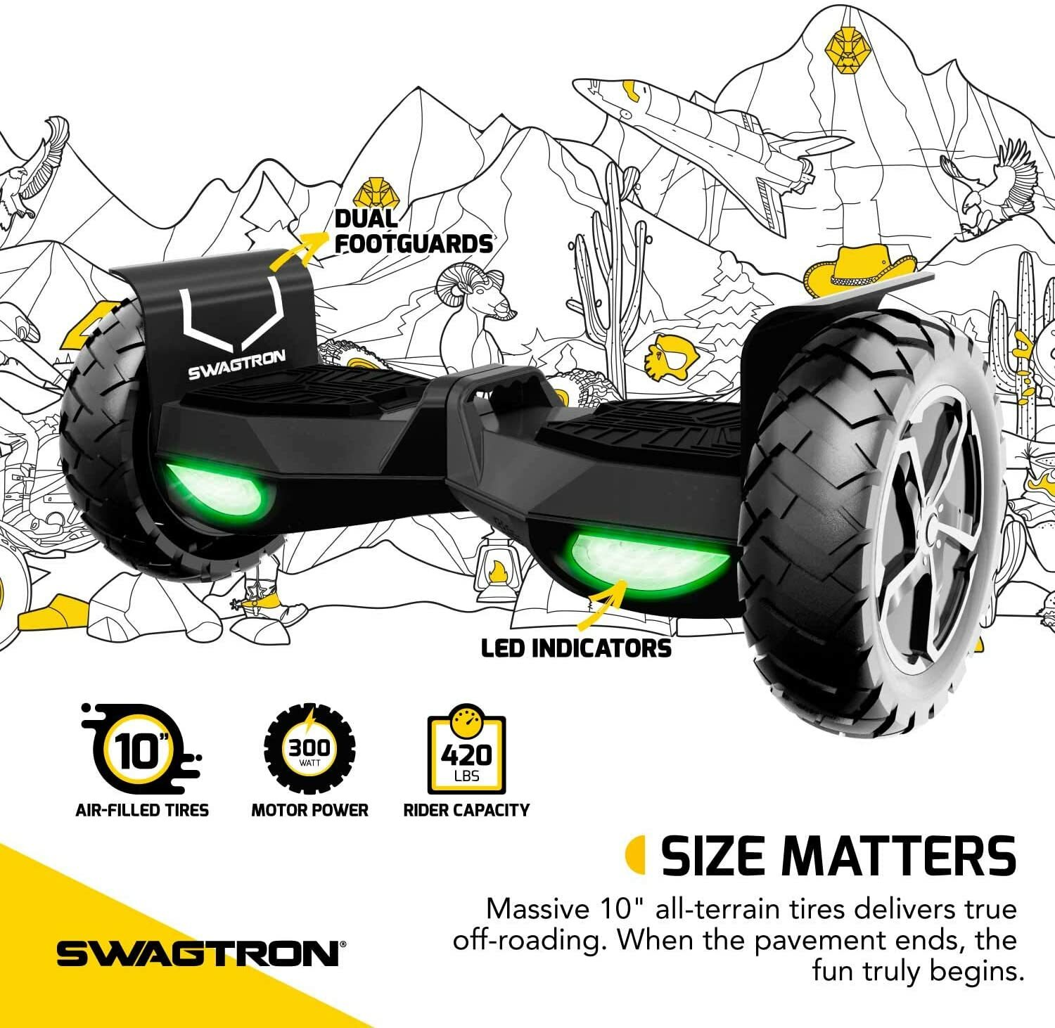 Swagtron T6 Off Road 10″ Hoverboard Bluetooth 12 Mph 600W 420 lb Weight Limit UL