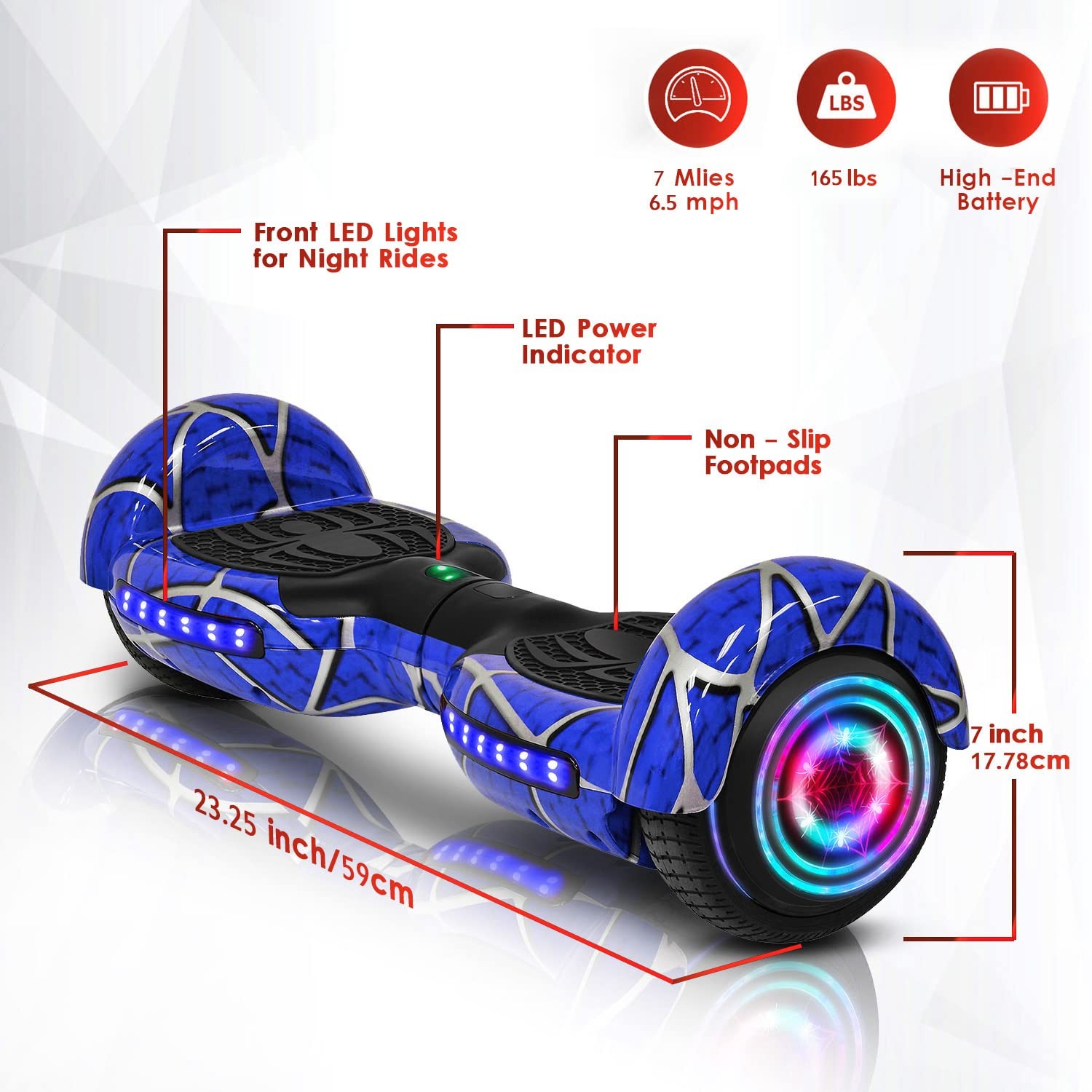Emaxusa Spider-Pattern Hover Board For Kids Ages 6-12 Bluetooth Speaker And Led