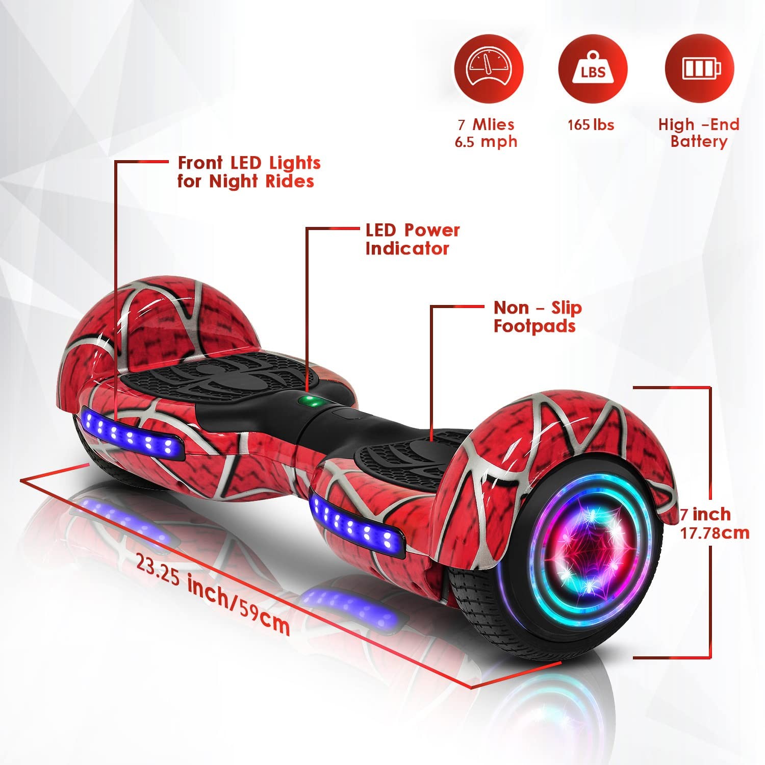 Emaxusa Spider-Pattern Hover Board For Kids Ages 6-12 Bluetooth Speaker And Led