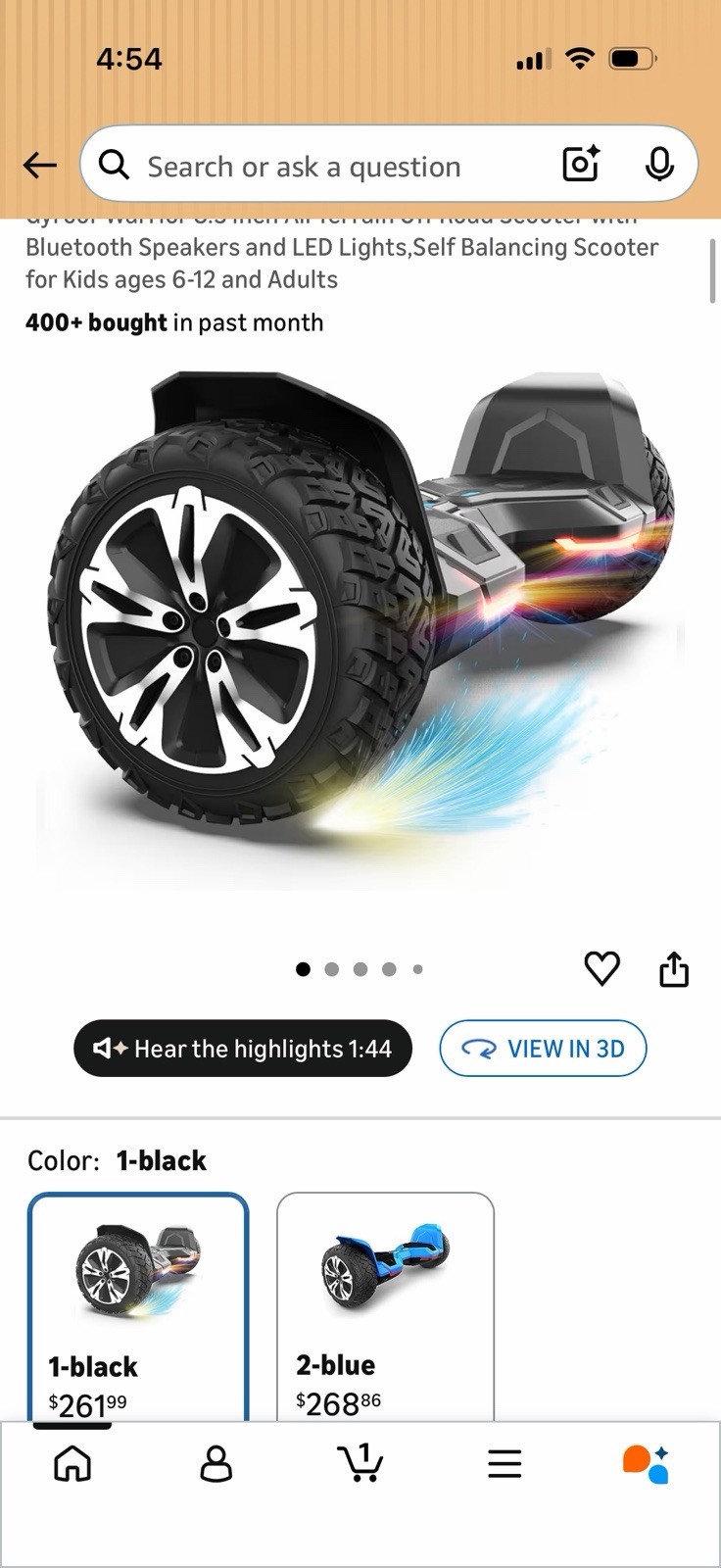 Gyroor Black Self Balancing Scooter 10 mph Bluetooth Speakers LED Lights