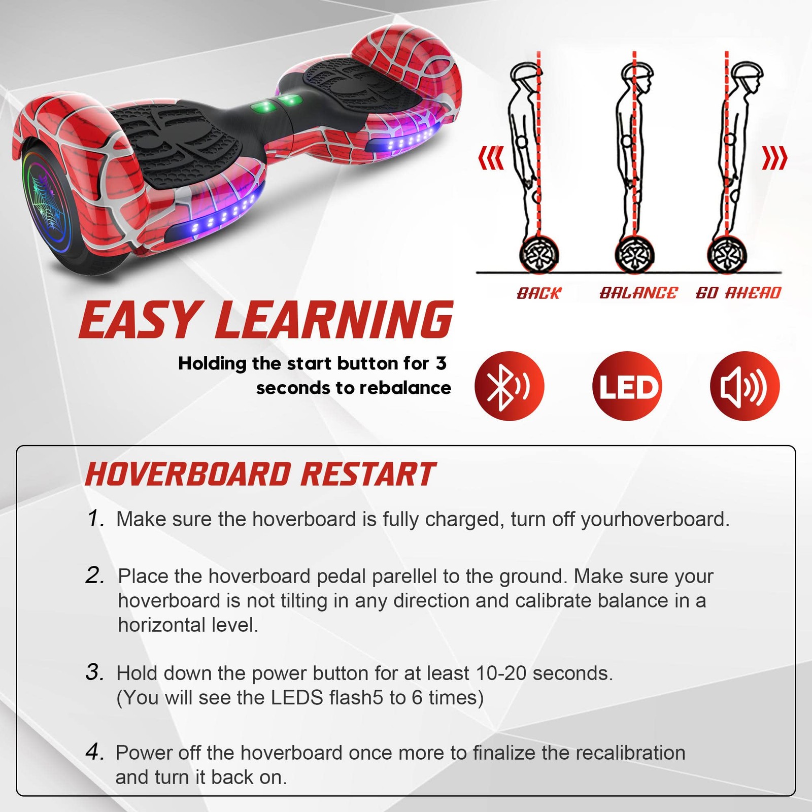 Emaxusa Spider-Pattern Hover Board For Kids Ages 6-12 Bluetooth Speaker And Led