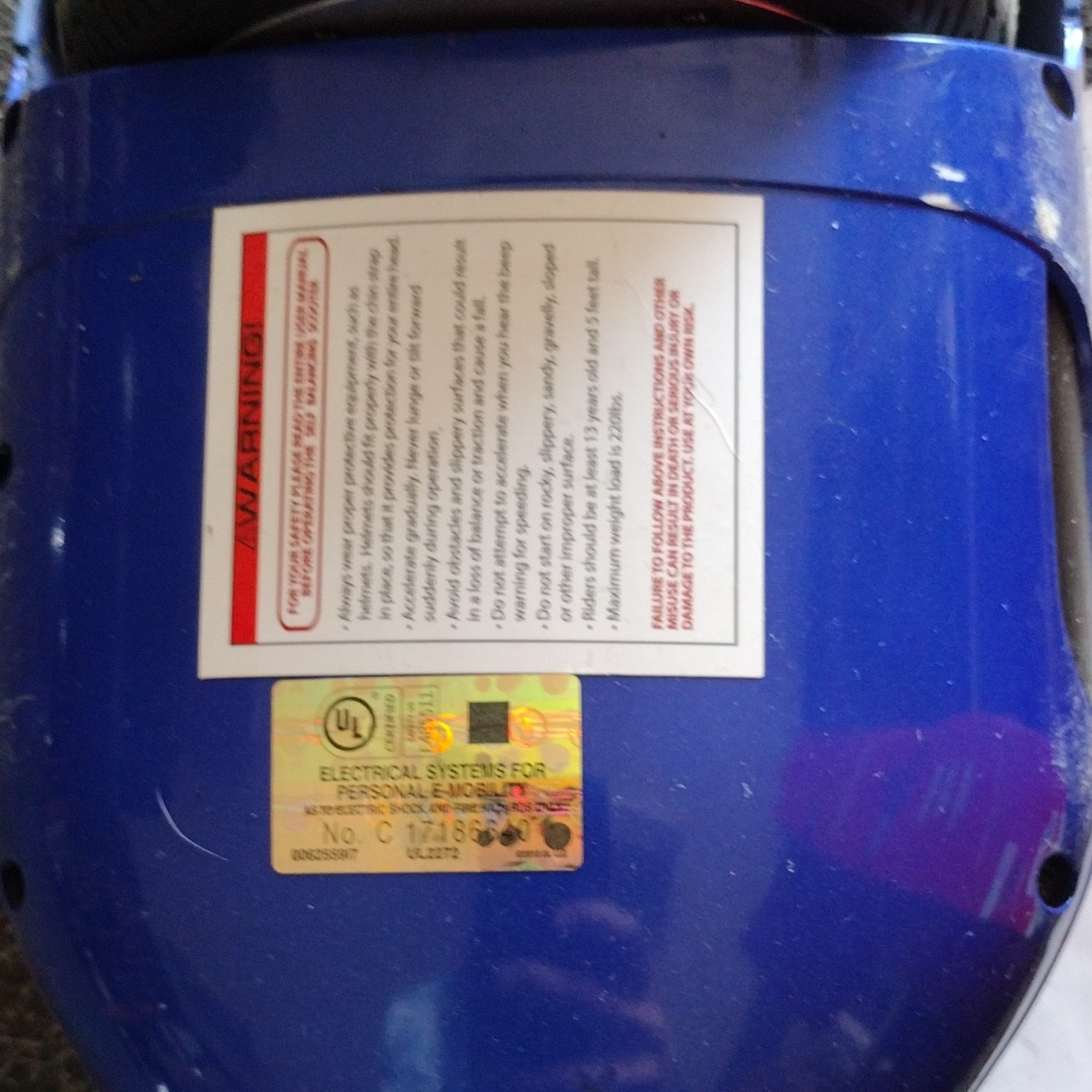 UL 2272 Certified Blue Self-Balancing Scooter, 6 mph, 7 mi Range, 220 lb