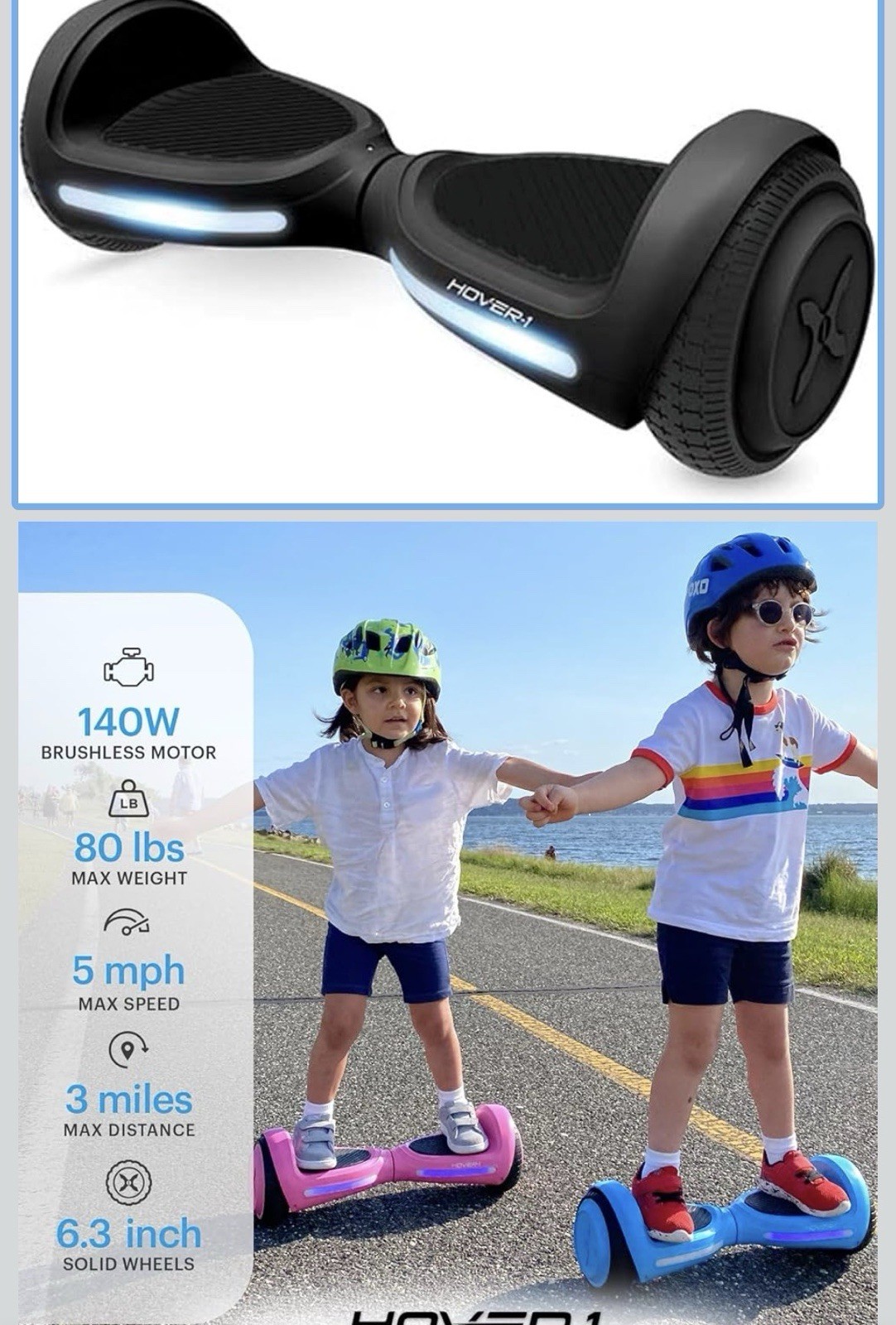 New In Box Hoverboard LED Safety Lights 6.3in Wheels Black Kids & Up